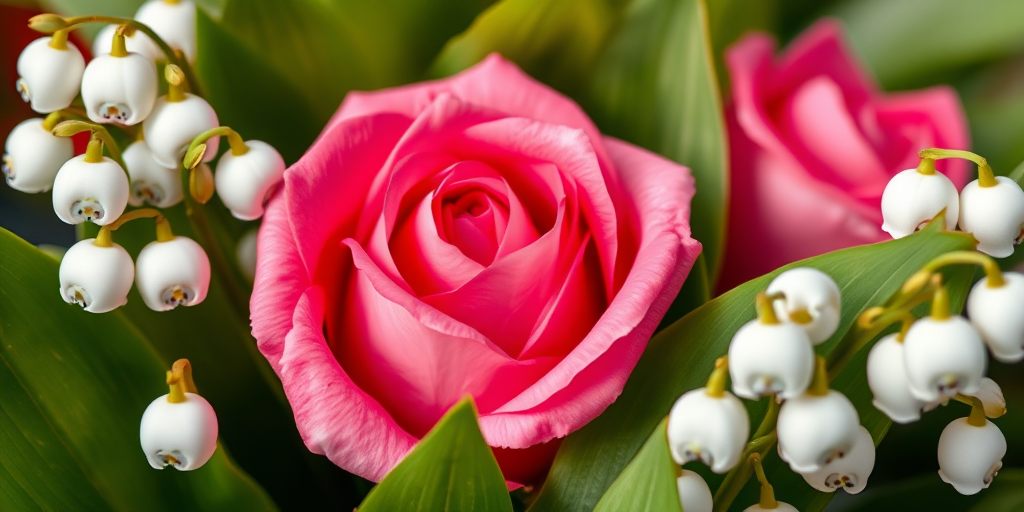 A close-up image of a pink rose surrounded by white lilies of the valley and green leaves, captured with a DSLR camera using a 50mm lens, aperture f/1.8, ISO 100, with soft natural lighting and a shallow depth of field for a beautifully blurred background.