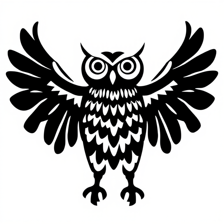 Generate a high-resolution image of a stylized black owl on a minimalistic white background, captured with a 50mm lens at f/1.8, ISO 100, using a DSLR camera in portrait orientation.