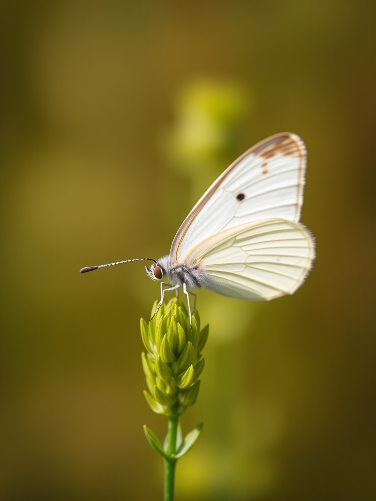 Close-up shot of a white butterfly perched on a green plant, shallow depth of field, natural light, macro lens, aperture f/2.8, ISO 100, shutter speed 1/200s, DSLR camera, soft focus background.