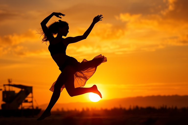 Capture a dynamic silhouette of a dancer in motion against a vibrant sunset, using a Canon EOS 5D Mark IV, 50mm lens, f/1.8, ISO 100, 1/250s shutter speed, with a low-angle perspective and soft, golden lighting for dramatic effect.