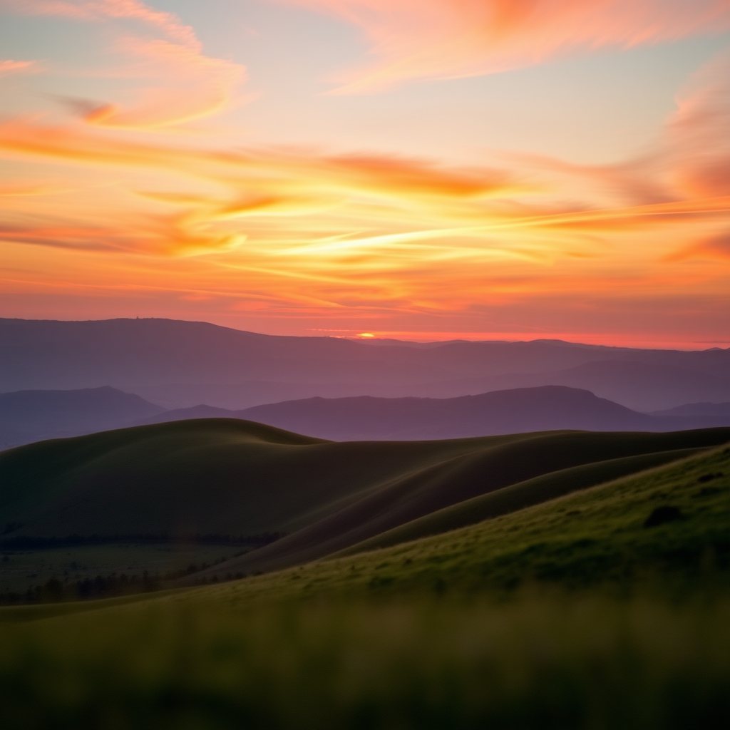 Create an image of a serene landscape featuring rolling hills at sunset with vibrant colors in the sky, captured with a DSLR camera using a 50mm lens, aperture set to f/2.8, ISO 100, and a shutter speed of 1/125 seconds, taken from a low angle perspective to emphasize the foreground.