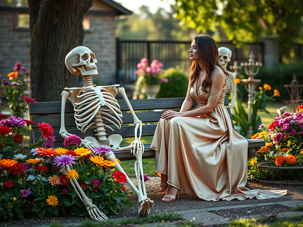 a serene outdoor scene with a woman in a flowing silk dress sitting on a wooden bench beside a skeleton surrounded by colorful flowers, captured with a Canon EOS R5, 50mm lens, f/1.8, natural light, soft focus, mid-afternoon setting