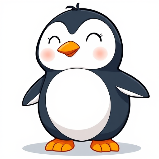 Create a cute cartoon penguin with exaggerated features, high-resolution, using a DSLR camera, 50mm lens, f/1.8 aperture, ISO 100, soft lighting, and a clean white background.