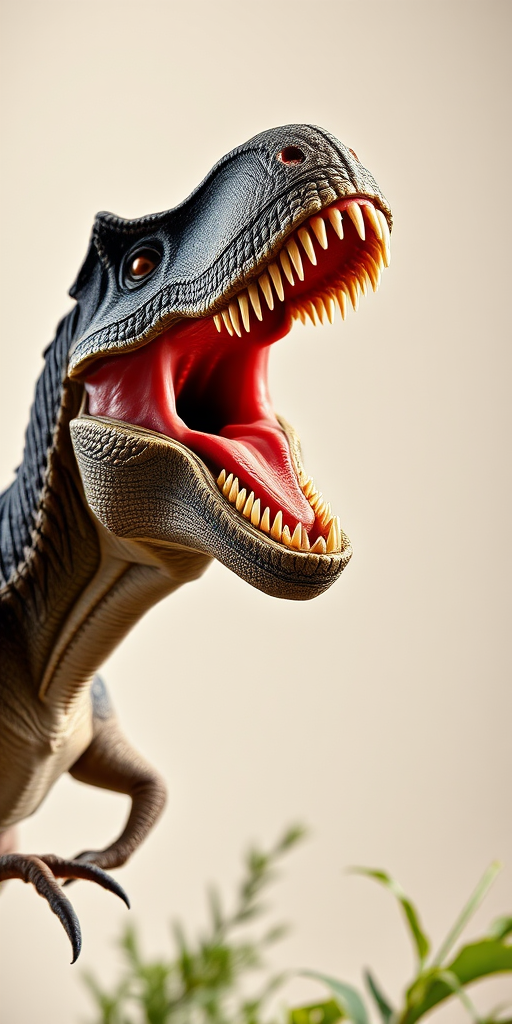 A highly detailed and realistic depiction of a dinosaur roaring, set against a neutral background, captured with a DSLR camera at f/2.8, ISO 100, 50mm lens, in a natural lighting style with a shallow depth of field.
