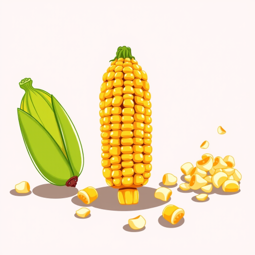 Create a colorful illustration of corn on the cob with cartoonish style, showing three stages: the whole cob, a slightly opened cob with kernels, and popped corn scattered around, use a DSLR camera with a 50mm lens, f/2.8 aperture, ISO 100, natural lighting, and a shallow depth of field to enhance image quality.