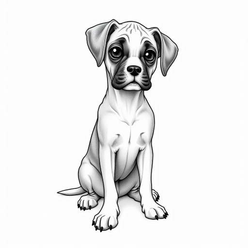 A doodle style pencil sketch illustration of a beautiful young Boxer dog, with large eyes and exaggerated facial features. White background