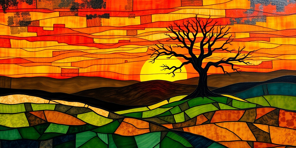 A vibrant abstract painting on Tiffany Glass, blending acrylic and alcohol ink techniques, captures a dramatic sunset over rolling hills. The artwork features a textured, rocky foreground in green and brown, layered abstract hills, and a striking sunset in rich oranges, yellows, and reds. A solitary black tree with intricate branches contrasts against the fiery sky, creating a dynamic and expressive portrayal of a breathtaking natural scene.