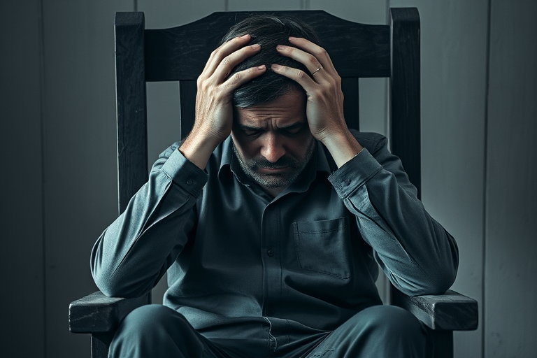 A distressed man sitting in an old wooden chair with a pained expression, holding his head in his hands, soft natural light, monochrome, shallow depth of field, 50mm lens, f/1.8, ISO 400, 1/100 sec shutter speed, taken from eye level, emotional and atmospheric composition.