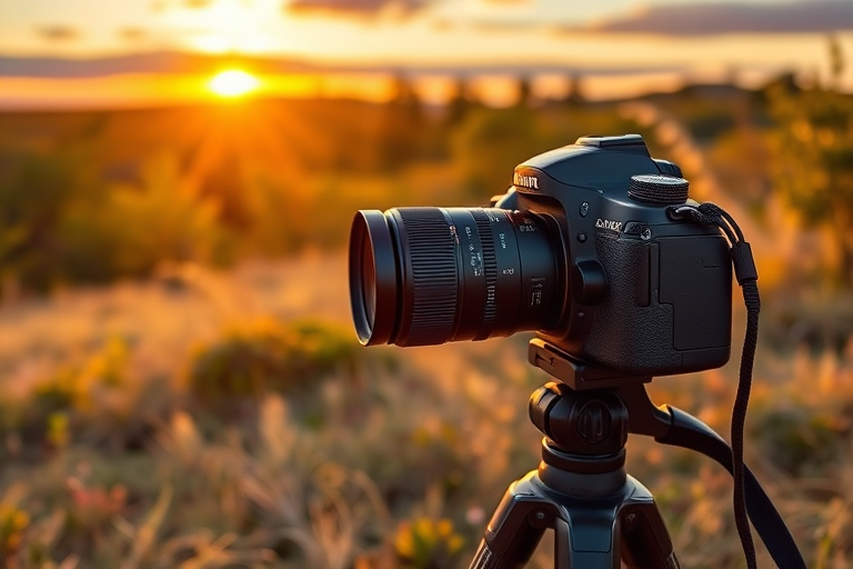 Create a high-resolution nature landscape image during golden hour with vibrant colors, using a DSLR camera, 24mm focal length, f/8 aperture, ISO 100, and a tripod for stability.