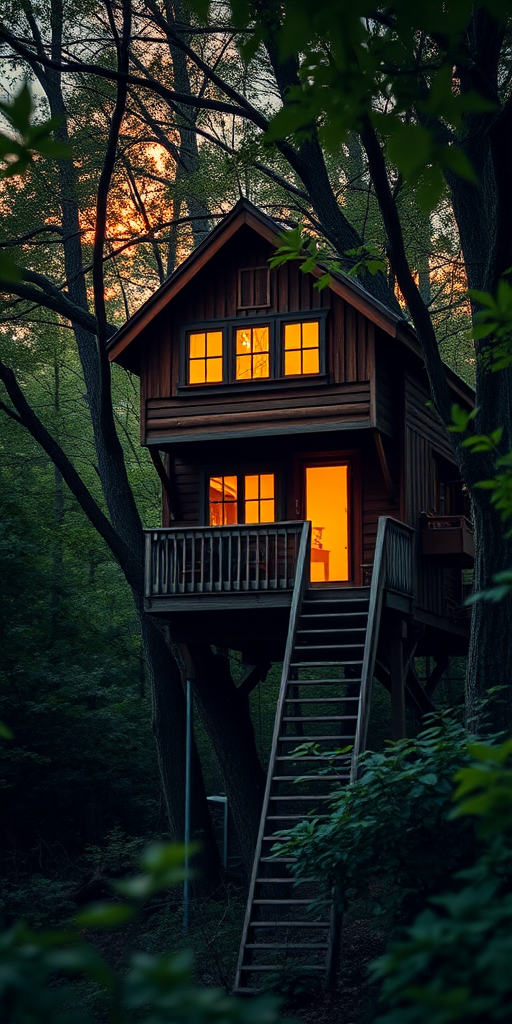 Capture a cozy treehouse in a lush green forest during sunset with warm glowing lights from the windows, using a DSLR camera with a 35mm lens, aperture f/2.8, ISO 200, and a shallow depth of field, shot from a low angle to emphasize the height of the treehouse and surrounding foliage.