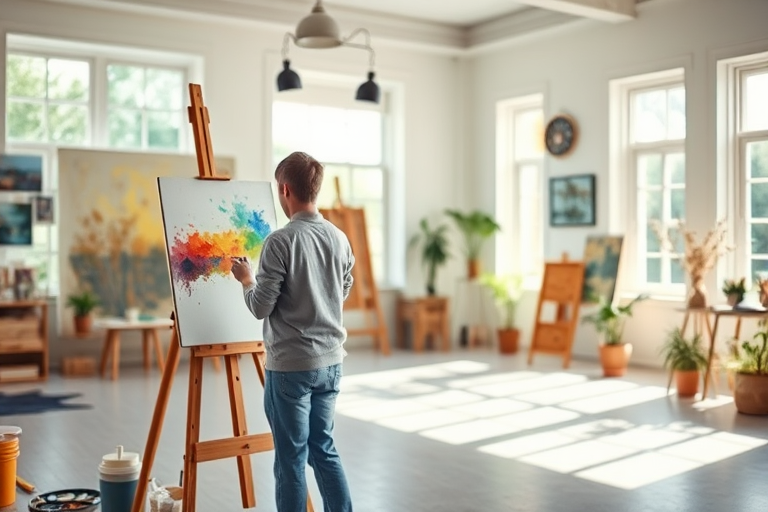 A focused artist painting on an easel in a spacious studio with natural light streaming through large windows, vibrant color palette, soft depth of field, aperture f/2.8, shutter speed 1/100s, ISO 200, shot with a full-frame DSLR camera in portrait orientation.
