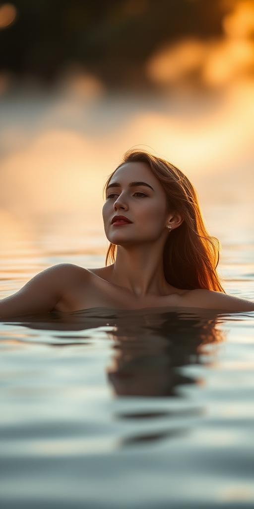 create a serene portrait of a woman relaxing in a misty water setting during golden hour, capture it with a 50mm lens at f/1.8, ISO 200, shutter speed 1/250s, use soft natural light with a shallow depth of field for a dreamy effect, photograph from a low angle to emphasize the tranquil atmosphere.