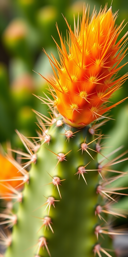 Close-up of a vibrant orange and yellow cactus with spines, soft focus background of green succulents, captured with a Canon EOS 90D, 50mm f/1.8 lens, aperture f/2.8, ISO 100, shutter speed 1/200s, natural light.