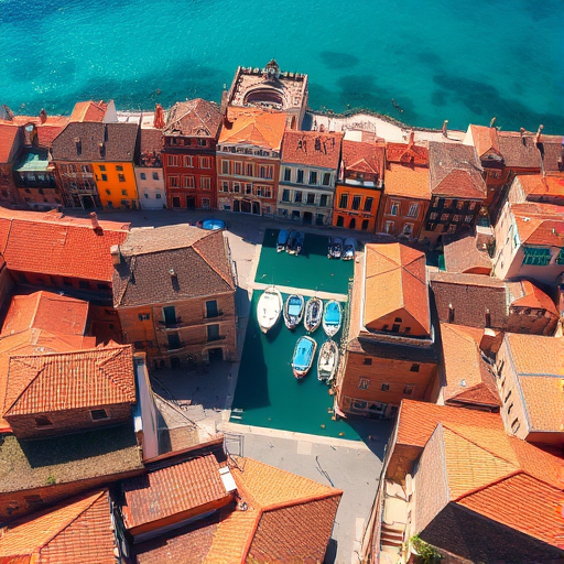 aerial view of a coastal town with brick buildings and a clear blue sea, capturing the unique layout of narrow streets and rooftops, sunny weather, boats parked in the harbor