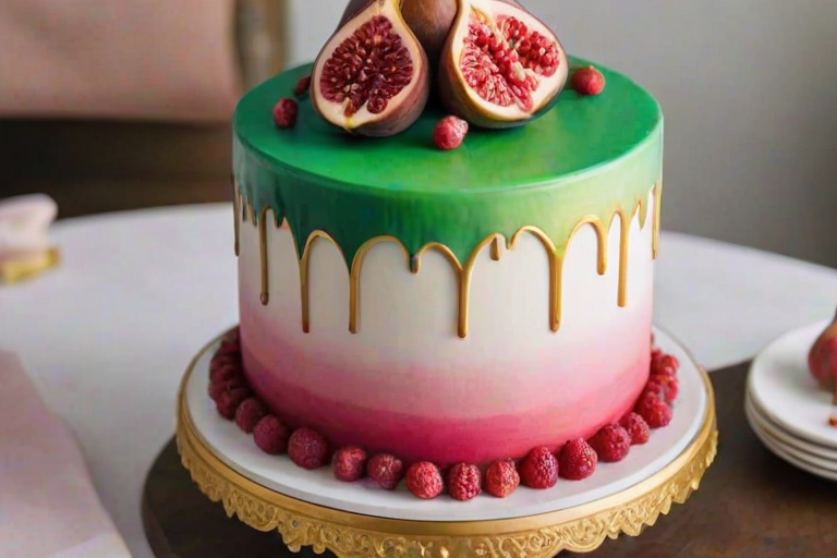 Create a two-tiered cake with a smooth white and pink ombre design. The top tier should be adorned with fresh figs, raspberries, and blueberries, with some chocolate drizzle cascading down the sides. Add edible gold leaf accents and scattered pomegranate seeds for a decorative touch. Finish with green leaves for a fresh look.