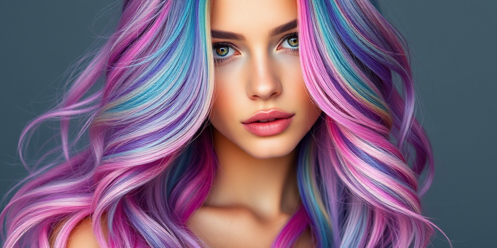 Captivating woman with a bold rainbow-colored mermaid hairstyle, featuring long cascading waves in a mesmerizing blend of pastel hues and iridescent highlights