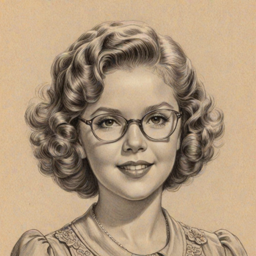 Ravishing Shirley Temple, pencil sketch, portrait of Appealing woman 1939s in glasses, hair style beatnik, outline, clear lines, fine lines, 8k
