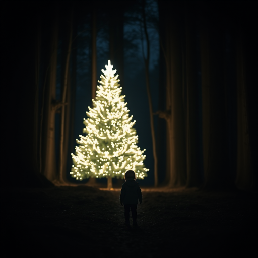 Generate an enchanting night scene of a child in a dark forest standing before a glowing white Christmas tree, captured with a Canon EOS R5, 50mm lens, f/1.8 aperture, ISO 200, at dusk, soft focus with a warm glow effect.