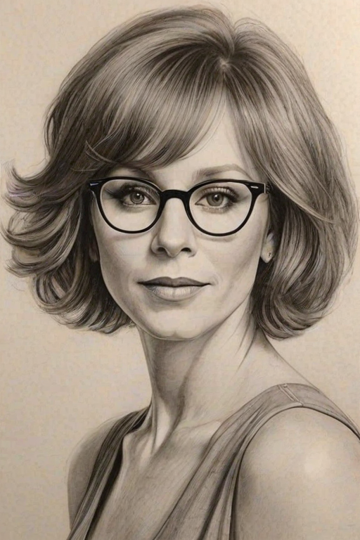 Radiant Reba McEntire, pencil sketch, portrait of Pleasing woman 1924s in glasses, hair style beatnik, outline, clear lines, fine lines, 8k