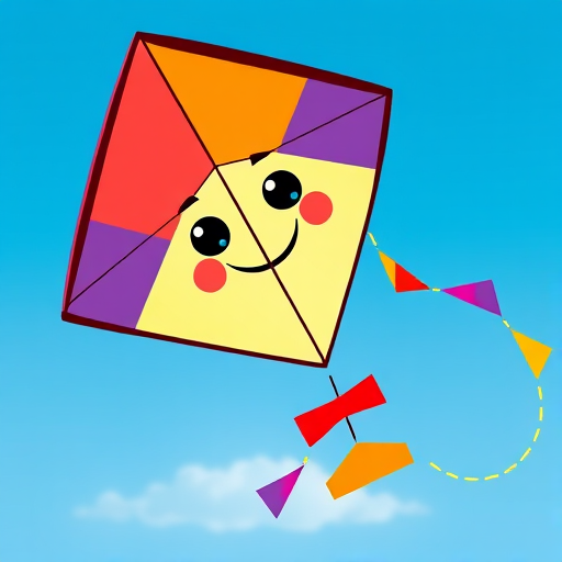 Create a colorful cartoon kite with a friendly face and vibrant triangular shapes, captured with a Canon EOS 5D Mark IV, 50mm lens at f/8, ISO 100, natural soft lighting, using a frontal view and high-resolution digital illustration style.