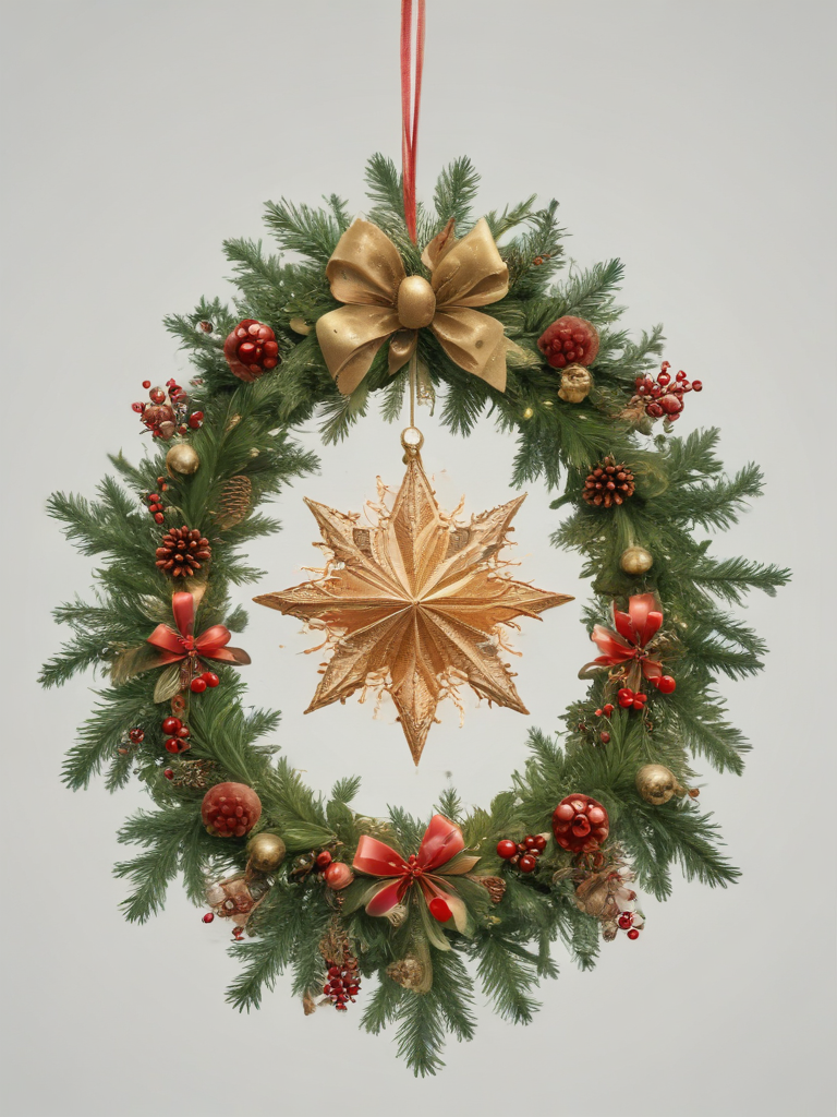 Elegant Christmas Wreath with Golden Star and Festive Decorations Hanging