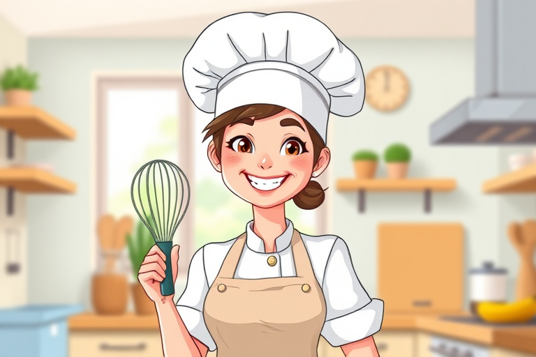 Create a high-quality cartoon illustration of a cheerful female chef with a smile, wearing a chef's hat and apron, holding a whisk, in a bright kitchen setting, captured with a Canon EOS R5 camera using a 50mm lens at f/1.8, 1/125s shutter speed, and ISO 100, with a vibrant color palette and sharp details.
