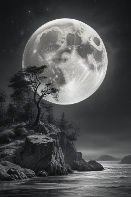 Majestic Full Moon Illuminating a Serene Coastal Landscape at Night