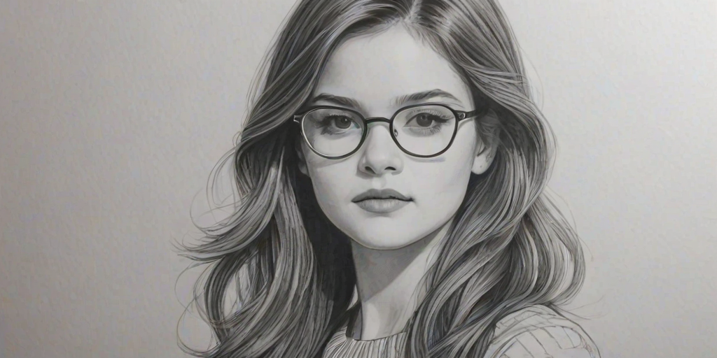 Stunning Ciara Bravo, pencil sketch, portrait of Ravishing woman 1921s in glasses, hair style beatnik, outline, clear lines, fine lines, 8k