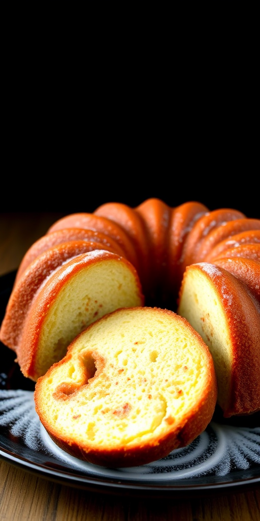 A beautifully baked bundt cake on a black plate with two slices cut out showcasing its moist texture and golden crust, set against a dark background.