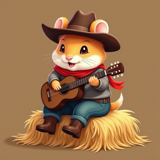 A chibi hamster, dressed as a cowboy, playing guitar, sitting on a hay bale