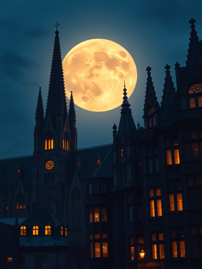 A mystical twilight cityscape with towering Gothic architecture under a large full moon, illuminated windows casting a warm glow, low angle view, f/8 aperture, ISO 100, 24mm lens, HDR style, DSLR camera.