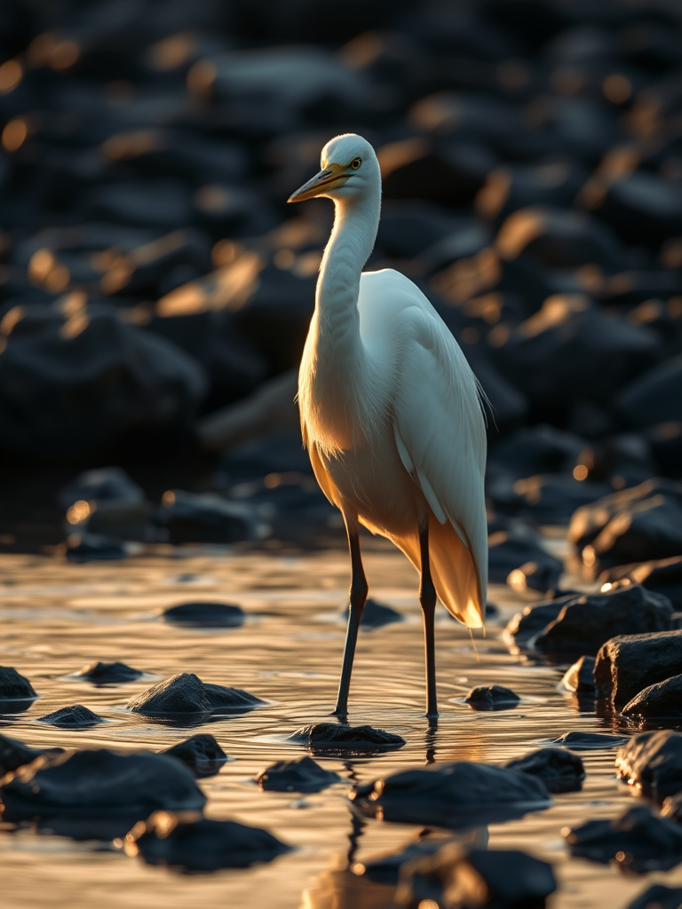 Capture a close-up of a great egret standing in shallow water surrounded by dark stones, golden hour lighting, f/4 aperture, ISO 200, shutter speed 1/200 sec, 135mm telephoto lens, DSLR camera, high resolution.