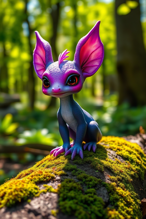 A vibrant and cute fantasy creature with purple scales and large ears, standing on a mossy log surrounded by lush greenery and soft sunlight filtering through trees, shot with a DSLR camera at f/2.8 aperture, ISO 200, 50mm lens, in macro view for detailed texture.
