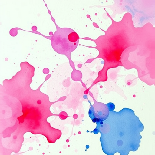 create a vibrant watercolor abstract artwork with splashes of pink, purple, and blue, using a Canon EOS R5 with an 85mm f/1.2 lens, aperture set to f/4, ISO 200, and a shutter speed of 1/125, in a high-resolution digital style.