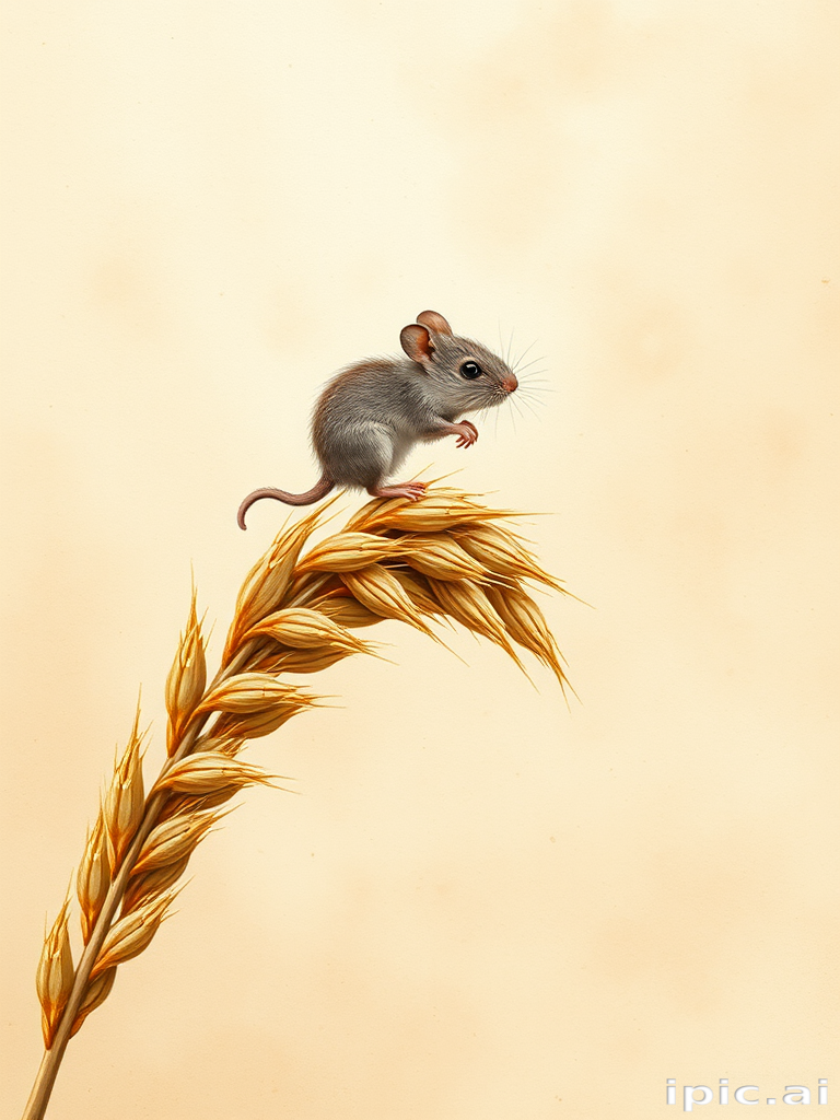 Soft, muted Alcohol Ink with ebru effect background image of tiny whimsical mousey, who climbed high on the top of a golden rye ear.
