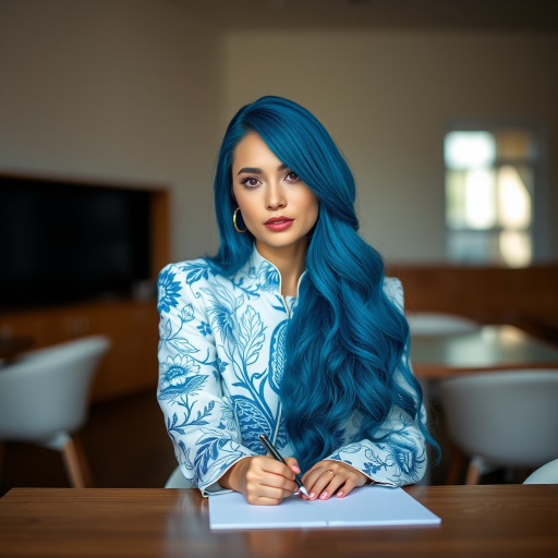 A portrait of a beautiful woman with long, flowing blue hair, wearing an intricate white and blue patterned outfit that resembles natural elements, seated at a table, holding a pen, soft natural lighting, shallow depth of field, 50mm lens, f/1.8, ISO 100, in a minimalist modern setting, vibrant color palette.