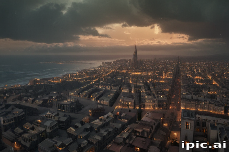 Stunning Aerial View of a Cityscape at Dusk with Glowing Lights