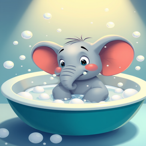 Illustration of a cartoon elephant taking a bath in a large tub surrounded by bubbles, vibrant colors, soft lighting, 50mm lens, f/2.8 aperture, ISO 100, high-resolution digital art.