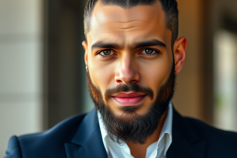 Create a close-up portrait of a stylish man with a braided hairstyle and a well-groomed beard, wearing a navy blue suit and white shirt with a pocket square, captured in soft natural light, using a DSLR camera with a 50mm f/1.8 lens, aperture set to f/2.8, ISO 100, and shutter speed of 1/125s to enhance the image quality.