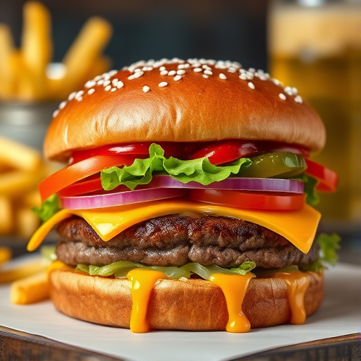 High-resolution, close-up image of a gourmet double cheeseburger. The burger features a glossy, sesame-seed-topped brioche bun. Inside, there are two thick, juicy beef patties, each topped with melted cheddar cheese. The burger is garnished with fresh lettuce, tomato slices, diced onions, and pickles. A generous amount of ketchup and a creamy, orange-colored sauce is dripping down the sides, adding to the mouth-watering appeal. In the background, there are blurred elements including a side of golden French fries and a hint of a beverage, enhancing the overall presentation of a delicious meal.
