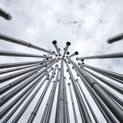 Regenerate an image of metallic poles arranged in a spiral formation against a cloudy sky, taken with a DSLR camera at f/8 aperture, ISO 100, 1/500 sec shutter speed, using a wide-angle lens from a low-angle perspective to enhance depth and detail.