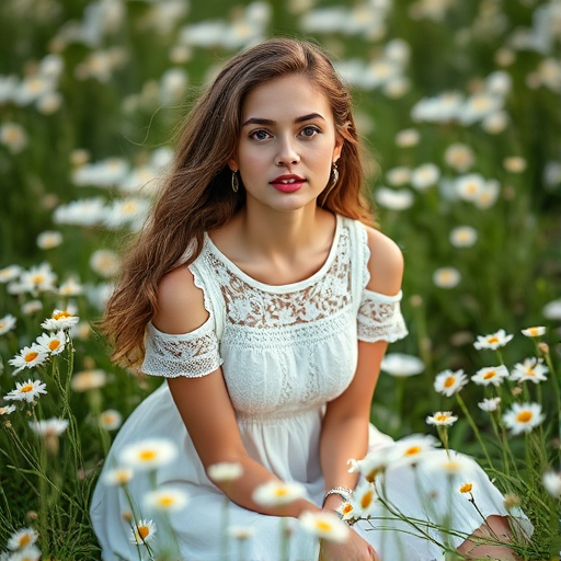 Generate an image of a young woman in a white lace dress sitting amidst a field of daisies, captured with a Canon EOS R5, 50mm f/1.2 lens, aperture f/2.8, ISO 100, soft natural lighting, portrait orientation, and shallow depth of field for enhanced background blur.