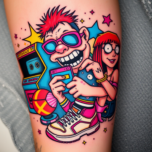 New school tattoo named "Neon Nostalgia" featuring exaggerated, cartoonish characters and bold, vibrant colors reminiscent of 1990s pop culture, with elements such as arcade games, cassette tapes, and retro sneakers combined in a playful and energetic composition, ideal for those who want to pay homage to their childhood memories and favorite cultural icons.