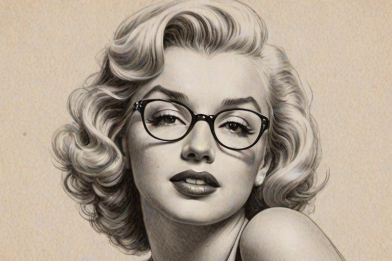 Ravishing Marilyn Monroe, pencil sketch, portrait of Alluring woman 1944s in glasses, hair style beatnik, outline, clear lines, fine lines, 8k