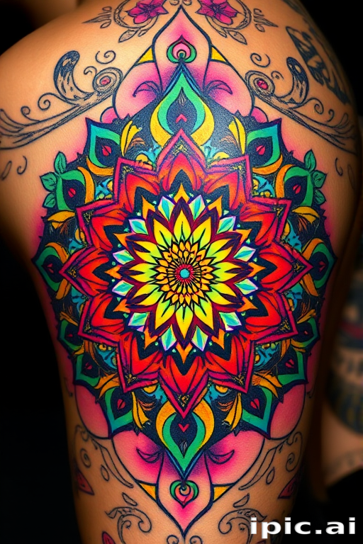 Psychedelic mandala tattoo with kaleidoscopic patterns and vibrant rainbow hues, incorporating sacred geometry and fractal designs for a mind-bending visual experience
