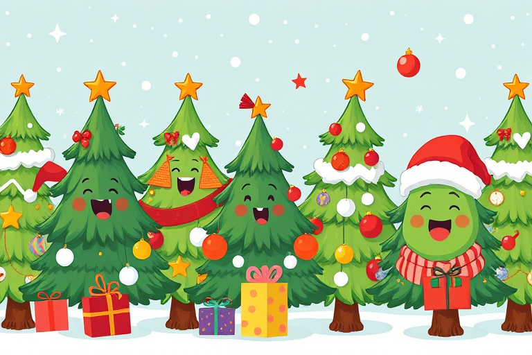 Create a festive illustration of cartoon Christmas trees with varying expressions, adorned with ornaments, gifts, and holiday hats, using a bright color palette; use a Canon EOS R5, 50mm lens, f/2.8, ISO 100, in a high-resolution digital art style to enhance clarity and vibrancy.