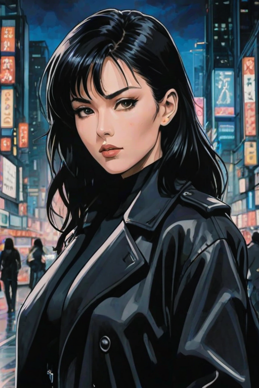 drawing of a closeup on face of woman wearing a long black trench-coat futuristic city in the background in the style of the 90s anime Akira