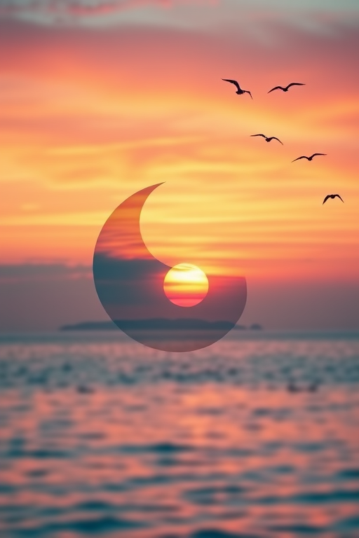 create a serene landscape combining a yin-yang symbol with a sunset over a tranquil sea, vibrant colors of pink, orange, and teal in the sky, birds flying in the distance, high-resolution DSLR camera, f/8 aperture, ISO 200, 24mm wide-angle lens, soft focus background, ethereal lighting effects