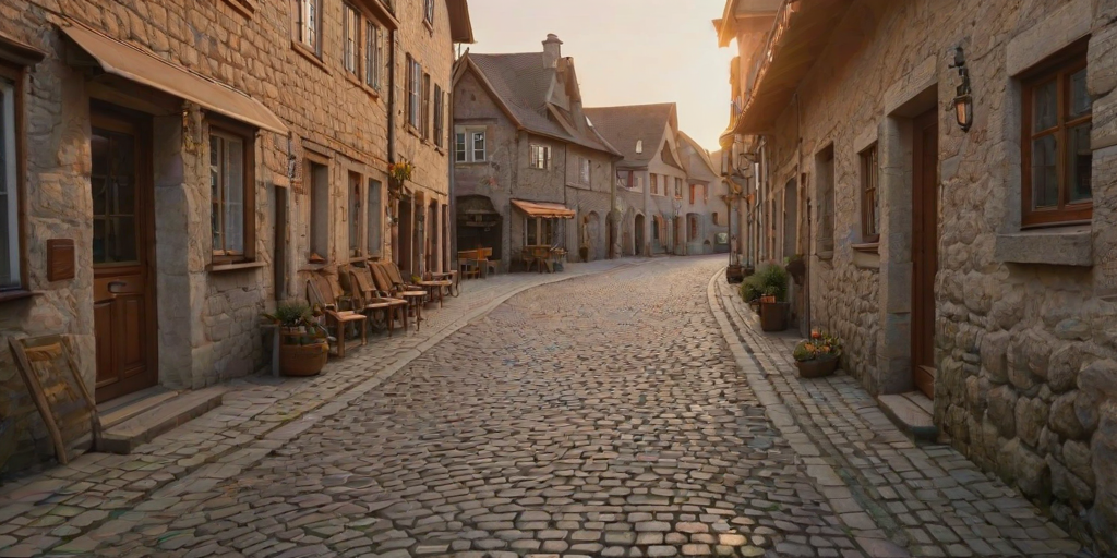 Sharp, high-resolution photo of a cobblestone street in a small European village at sunrise, soft light reflecting off the stones, quaint buildings lining the road, and the smell of fresh pastries drifting from a nearby  cafe.