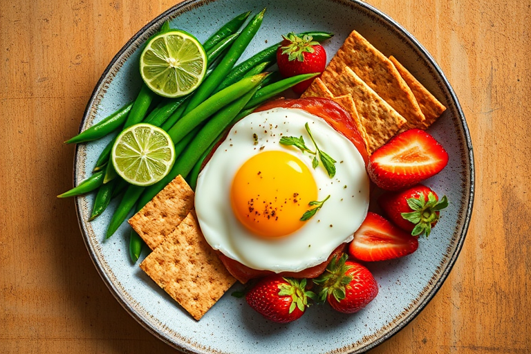A top-down view of a colorful dish featuring a sunny-side-up egg, green beans, crackers, sliced lime, and strawberries on a textured plate with a soft, natural lighting effect, captured with a DSLR camera at f/2.8, 50mm focal length, ISO 100, using a shallow depth of field for enhanced focus on the dish.